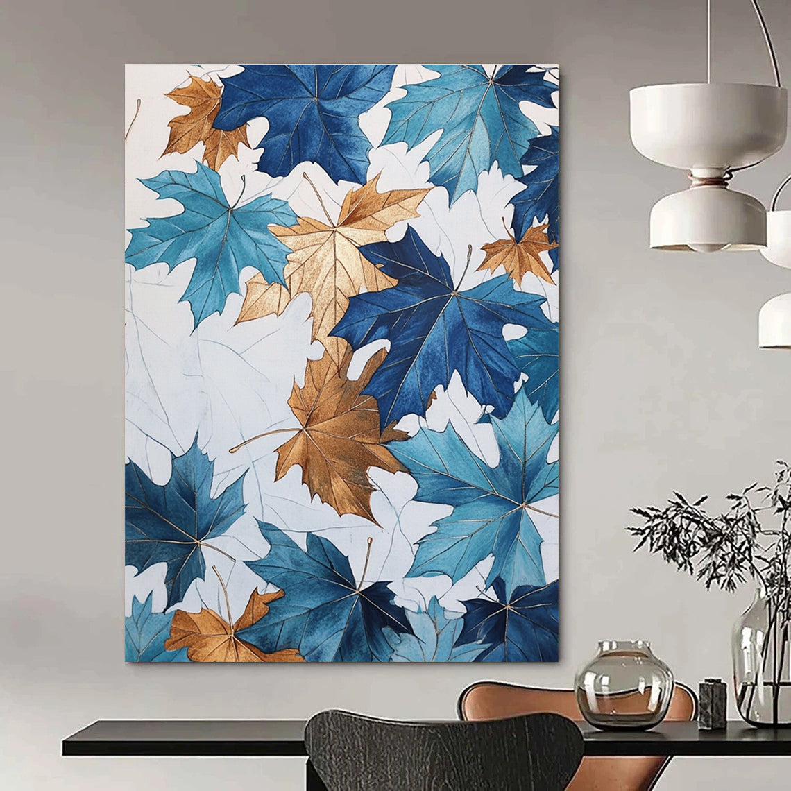 Large abstract painting of blue and gold maple leaves with metallic accents on a white background inspired by John Derric's style.STSC1154
