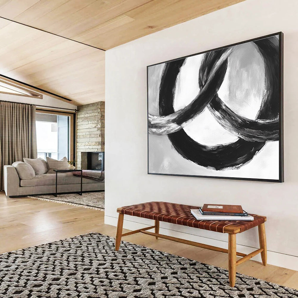 Black and White Linked Rings Abstract Painting with Bold Brushstrokes DYP175