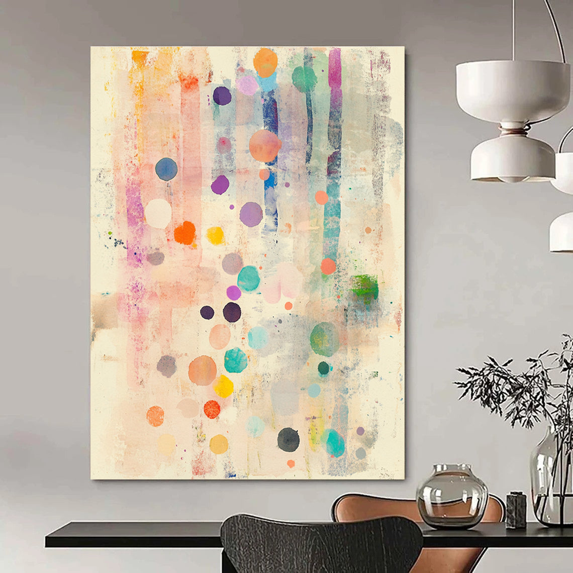 A large abstract watercolor painting featuring soft pastel colors with polka dots and delicate flowers evoking calmness and serenity.STSC1203