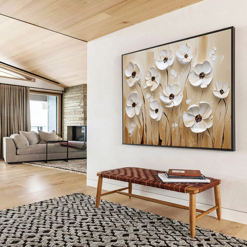 Large abstract painting featuring textured white flowers on a beige background with a white and brown color palette in oil paint.SC003