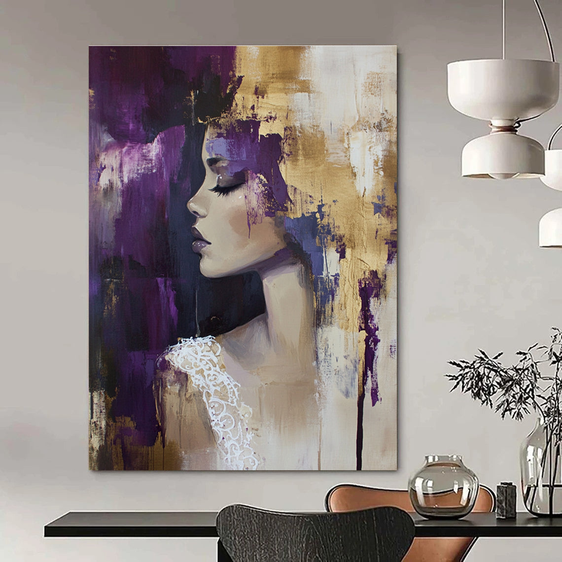 Abstract oil painting featuring a woman in a Hunkemöller lace top with gold accents against a dark gold foil background in beige and purple hues.STSC177