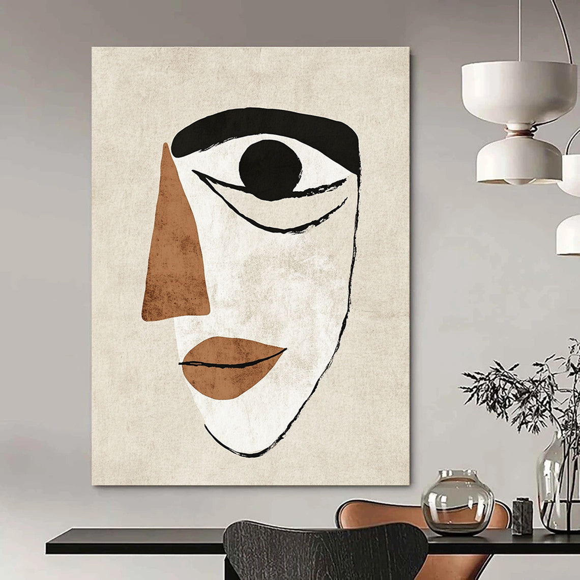 Large abstract illustration featuring a simple face with an eye and a nose in Matisse style on a textured beige background.STSC990
