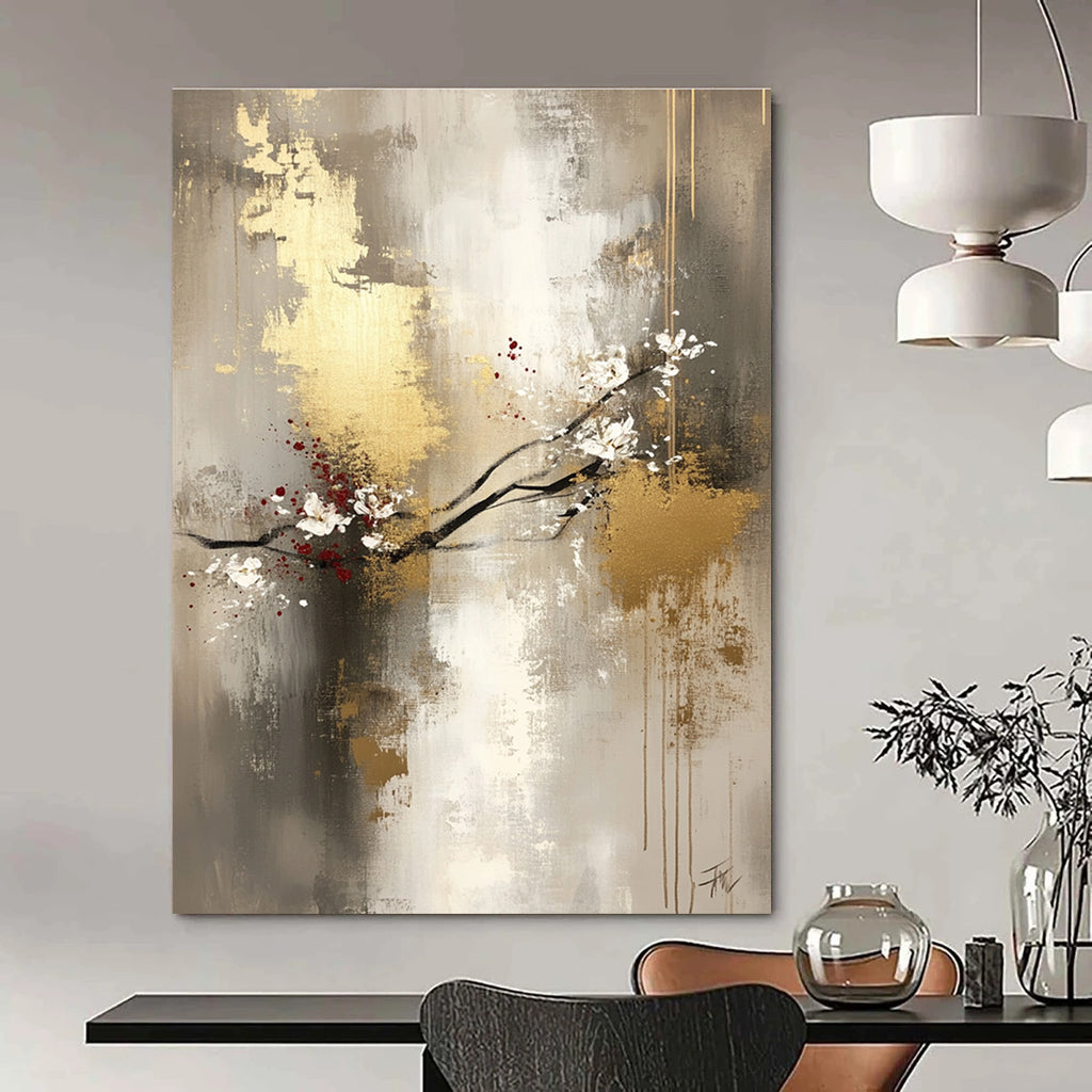 Large abstract painting featuring light gray and gold tones with delicate floral arrangements and a mysterious atmosphere on a spacious canvas.STSC434