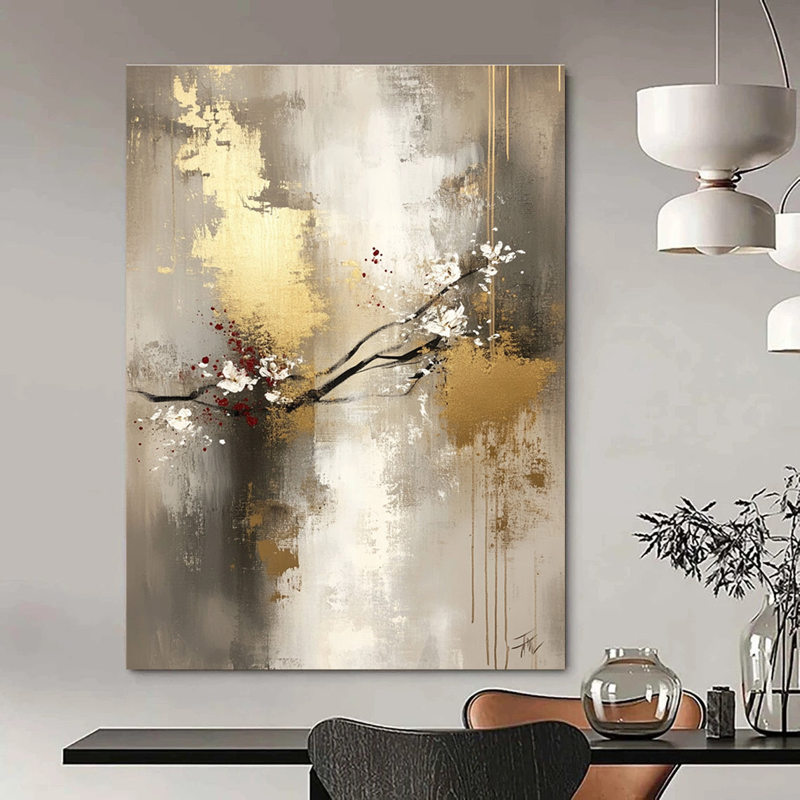 Large abstract painting featuring light gray and gold tones with delicate floral arrangements and a mysterious atmosphere on a spacious canvas.STSC434