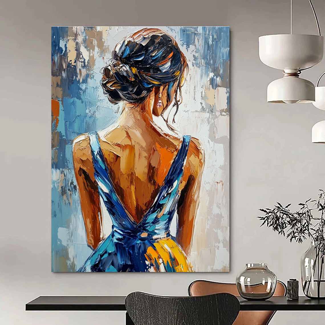 An abstract painting featuring an elegant woman in a blue and yellow dress seen from behind with vibrant impasto brushstrokes.STSC863