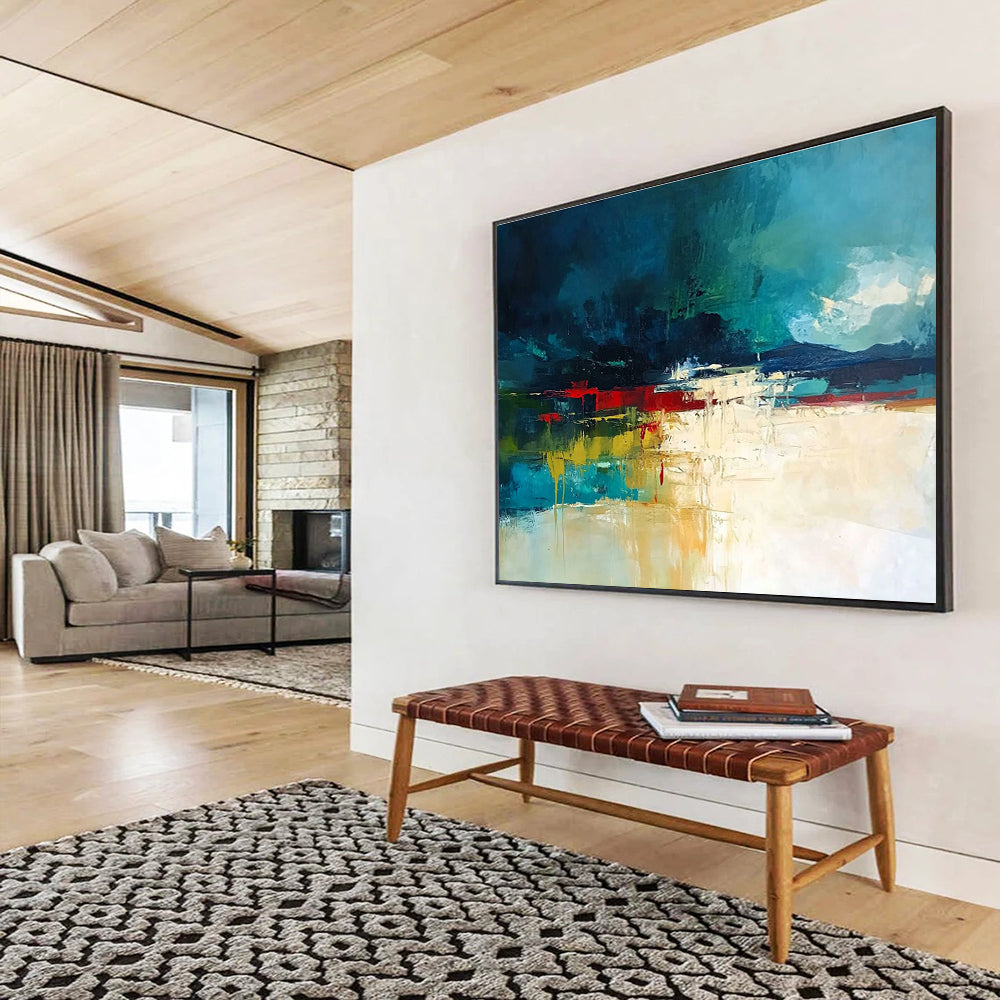 Bold Color Block Landscape Abstract Painting with Deep Blues and Reds DYP247