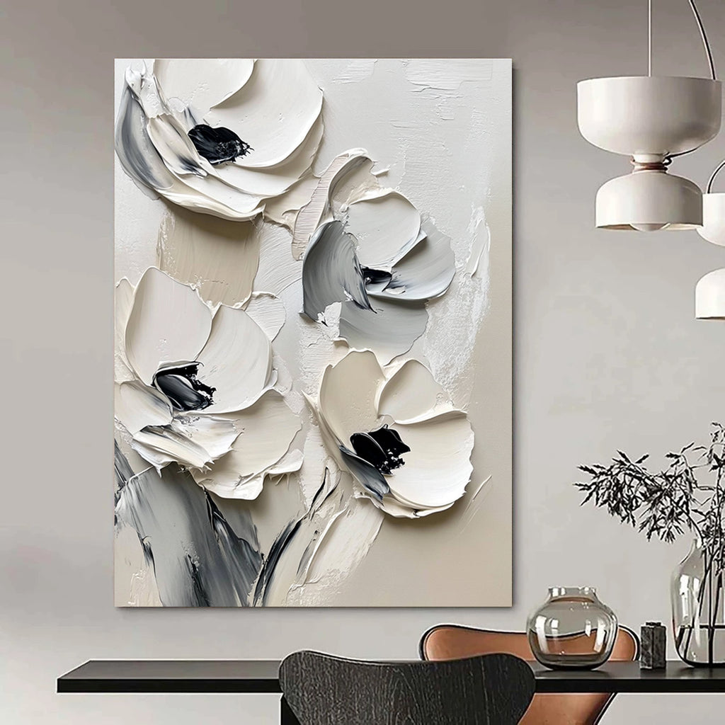 Large abstract painting featuring white flowers on a white background with black brush strokes and thick impasto paint in muted tones.STSC512