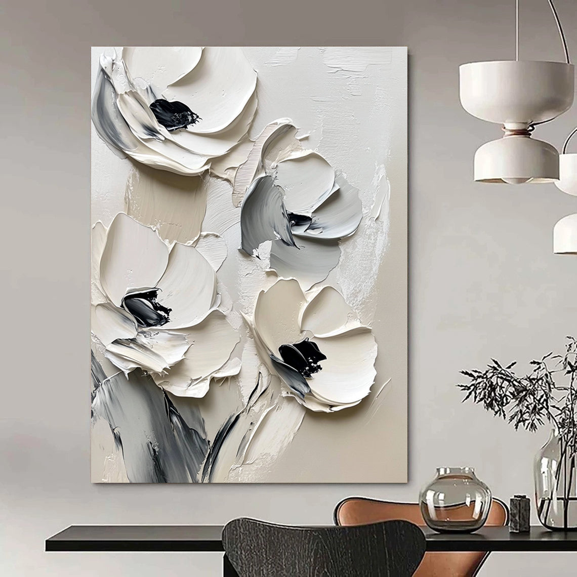 Large abstract painting featuring white flowers on a white background with black brush strokes and thick impasto paint in muted tones.STSC512
