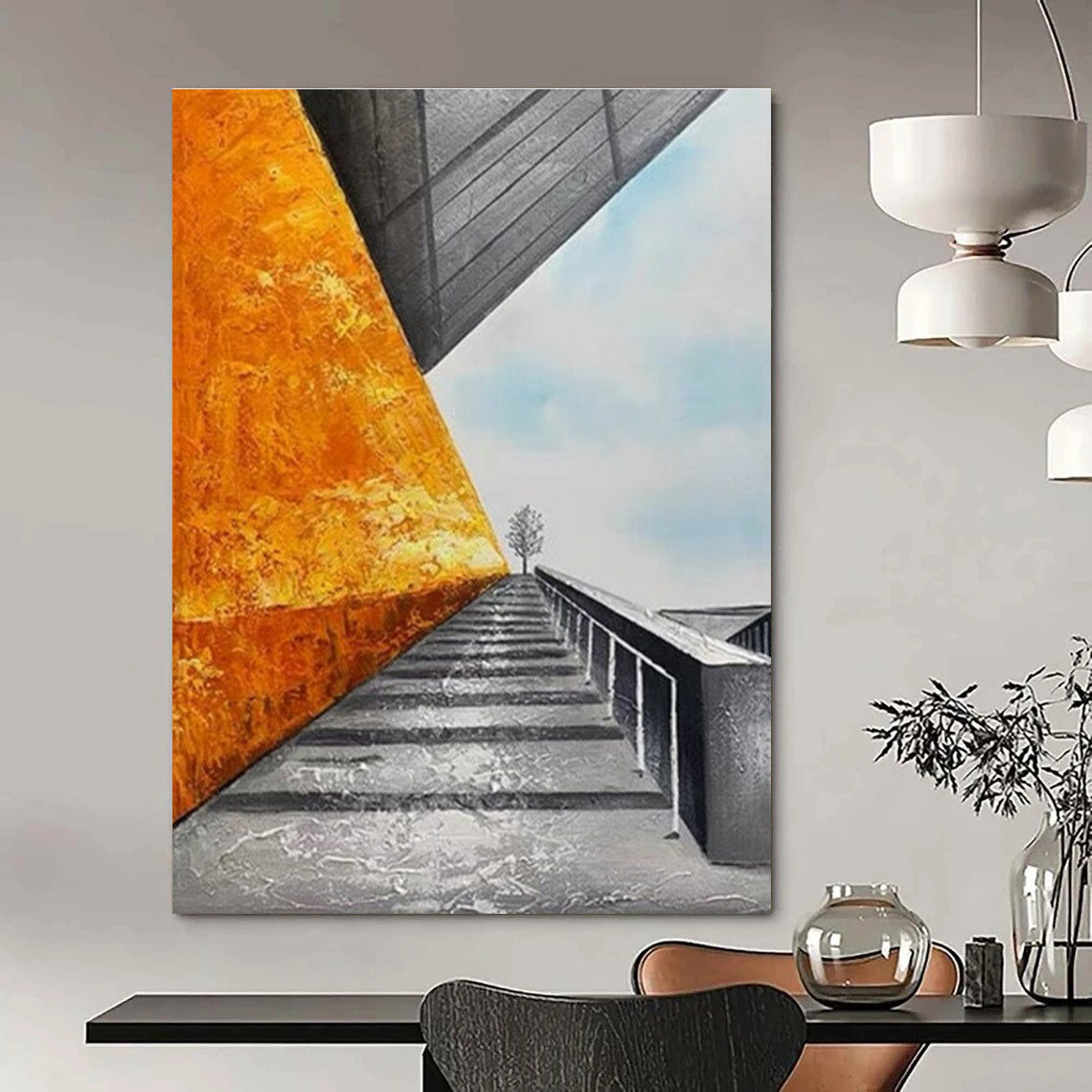 Architectural Landscape Abstract Painting with Orange and Gray ADGE281