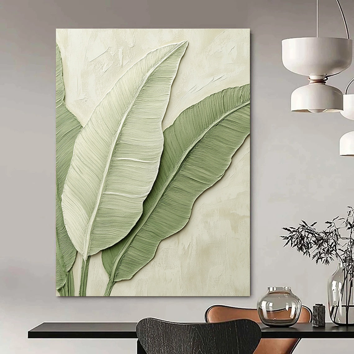 A large abstract painting of banana leaves in light green tones on a beige background, perfect for enhancing any modern space.STSC002