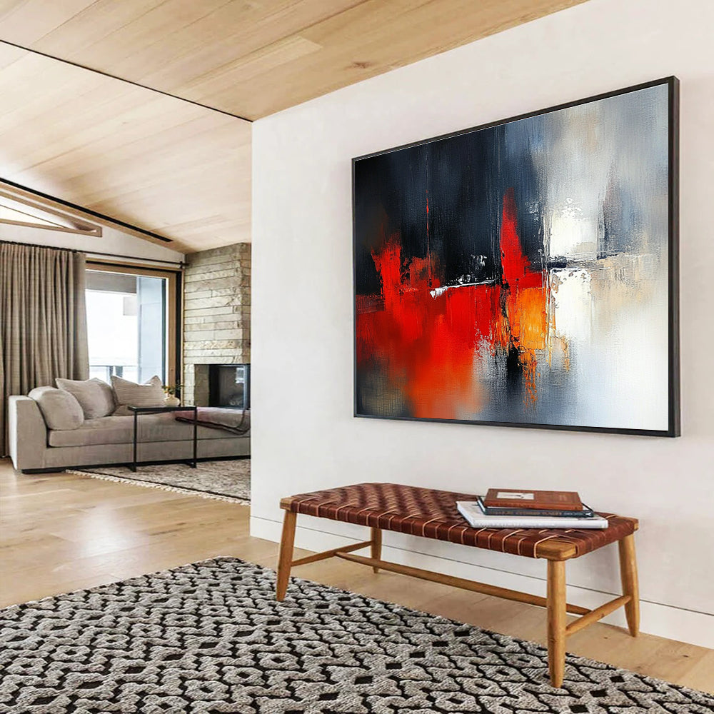 Large abstract painting featuring blurred red and white tones with dark gray background and architectural elements complemented by delicate textures and soft lighting effects.SC230