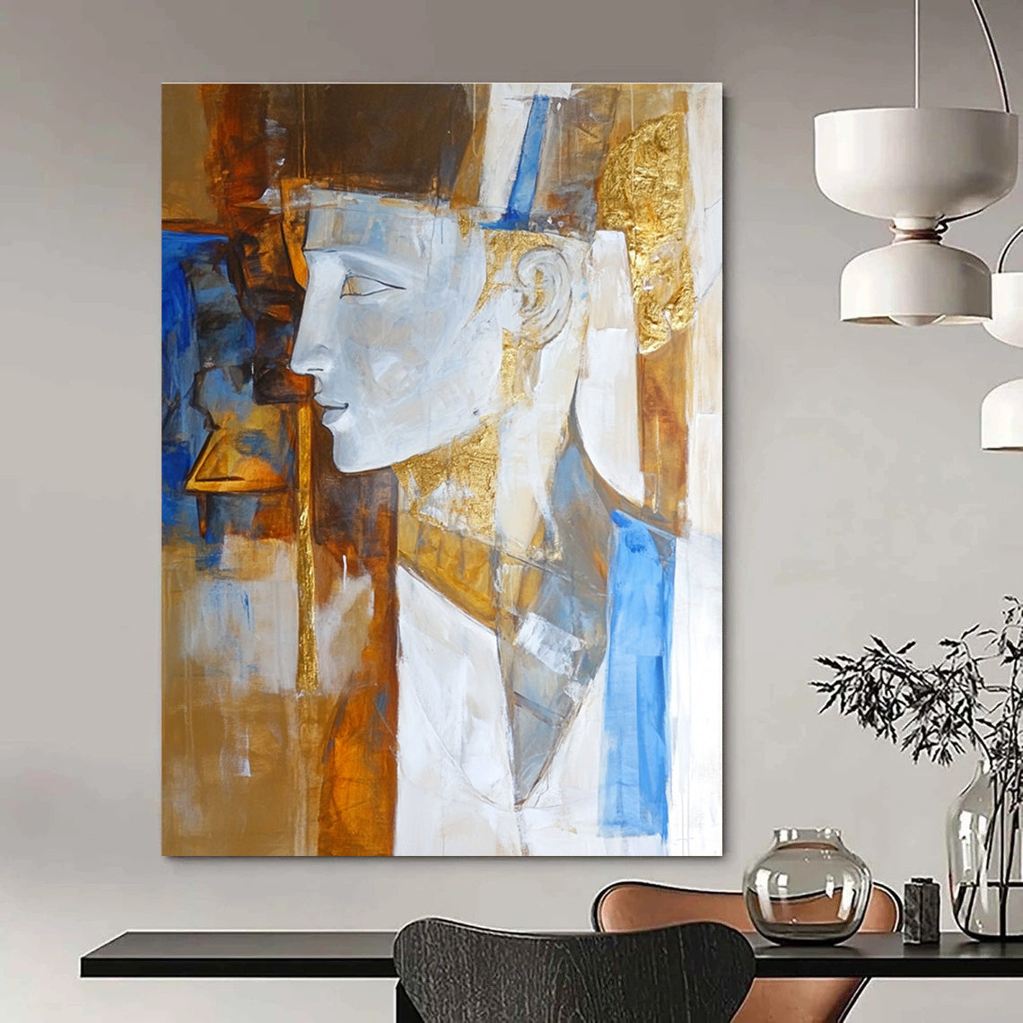 Large abstract painting featuring an ancient Greek sculpture in white brown and blue with elegant golden details.STSC633