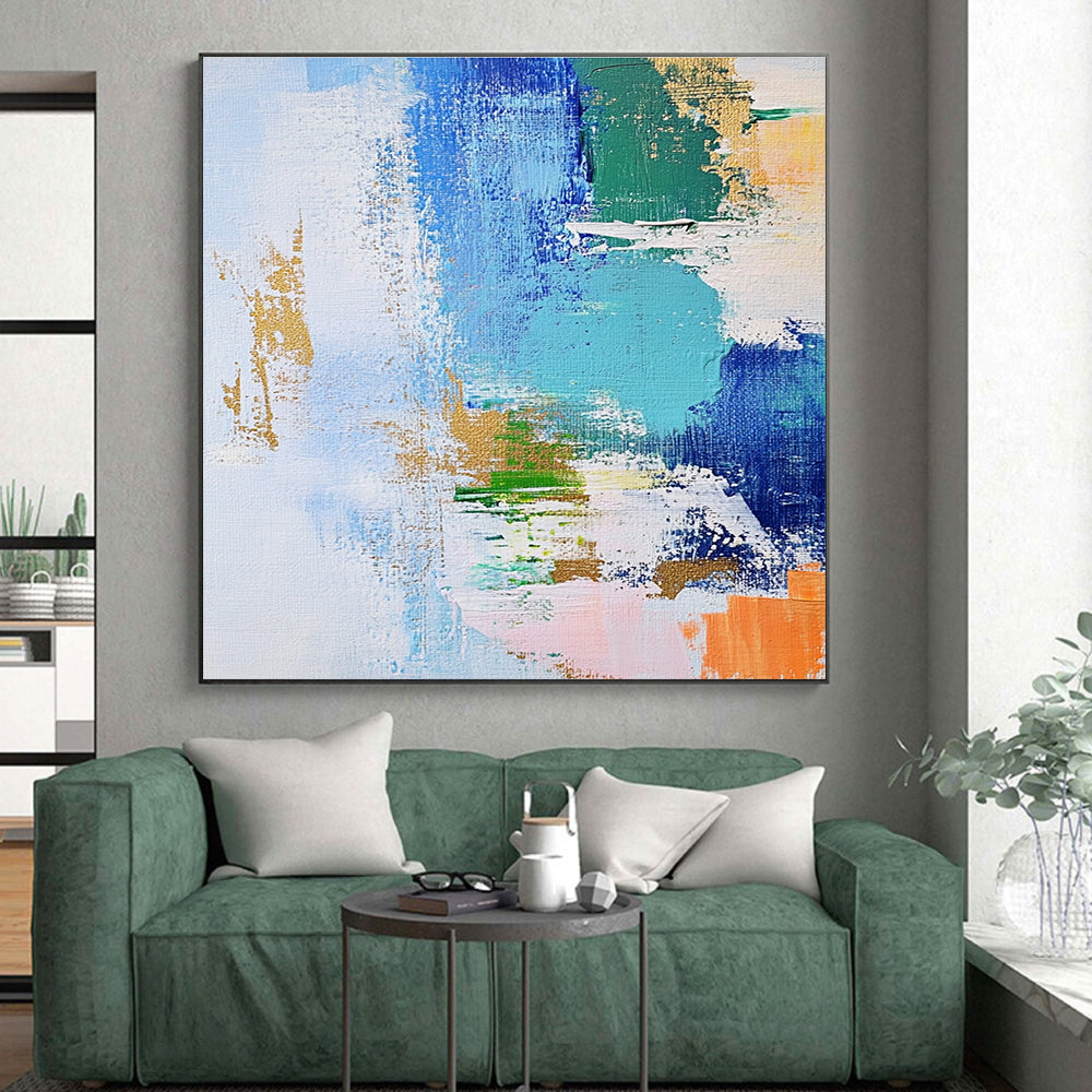 Blue Green and Gold Abstract Painting with Dynamic Brushstrokes GER616