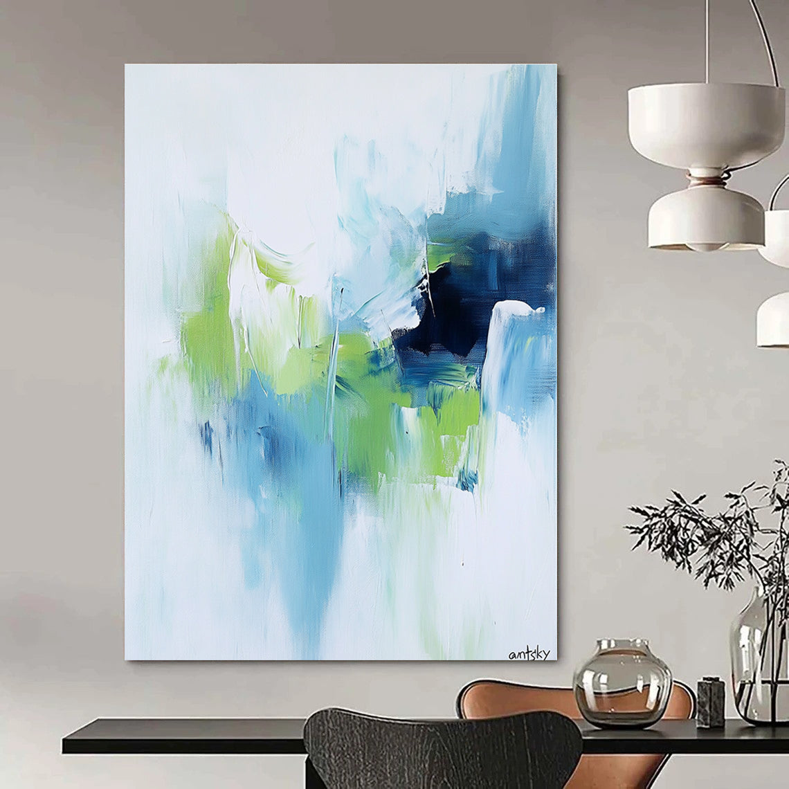 Large abstract painting featuring white blue and green tones with antsky in the lower right corner.STSC826
