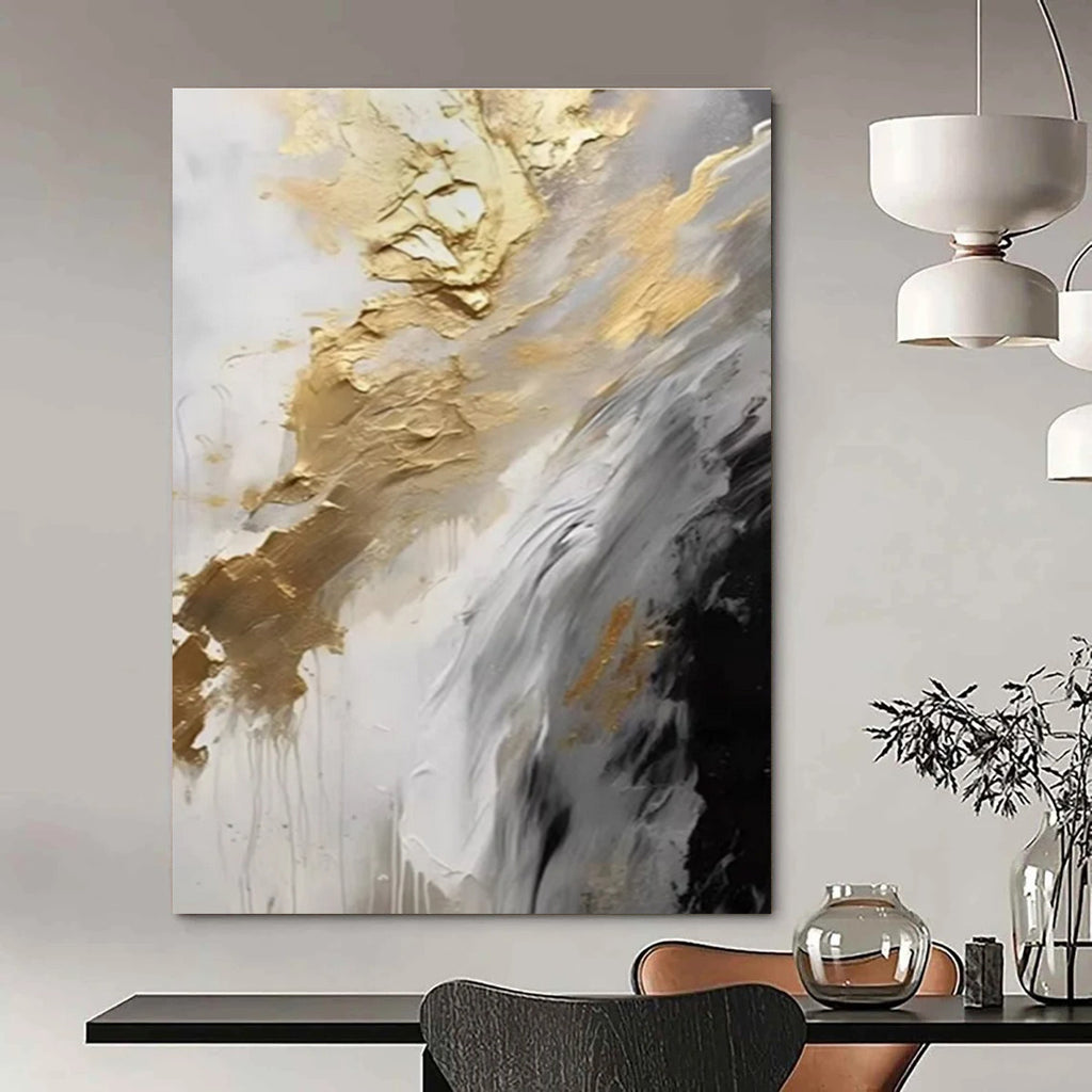 Gold Gray and White Abstract Painting with Flowing Textures ADGE302
