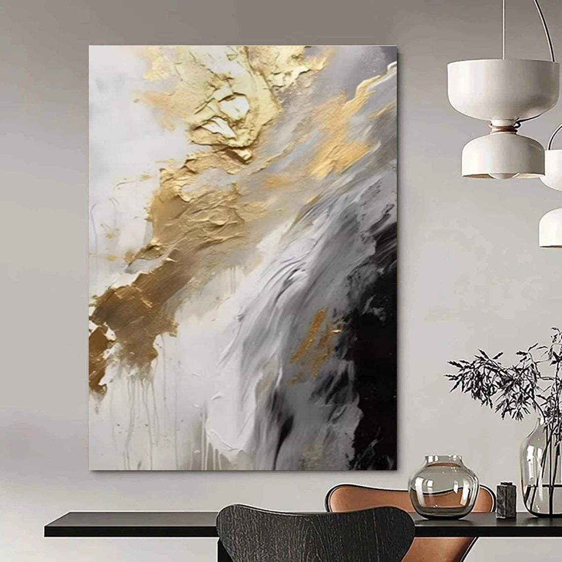 Gold Gray and White Abstract Painting with Flowing Textures ADGE302