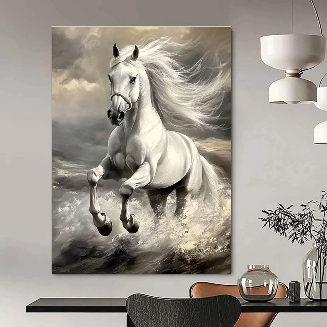 An abstract painting featuring a majestic white horse in motion with a grey color palette highlighting its powerful features and flowing mane.STSC1053