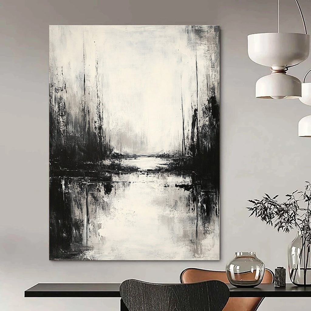 Large abstract painting featuring an atmospheric landscape in neutral tones with low contrast and muted colors, creating a serene monochromatic reflection.STSC021