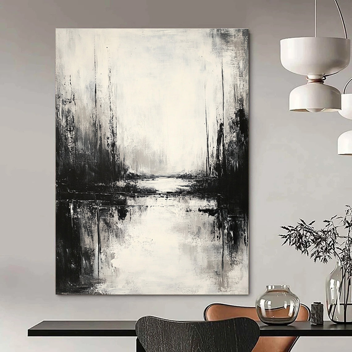 Large abstract painting featuring an atmospheric landscape in neutral tones with low contrast and muted colors, creating a serene monochromatic reflection.STSC021