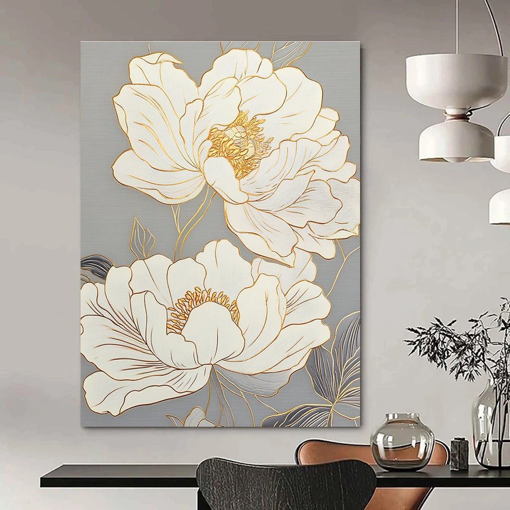 Large abstract painting featuring peony flowers with delicate lines glass texture and gold outlines on a light gray background.STSC1433