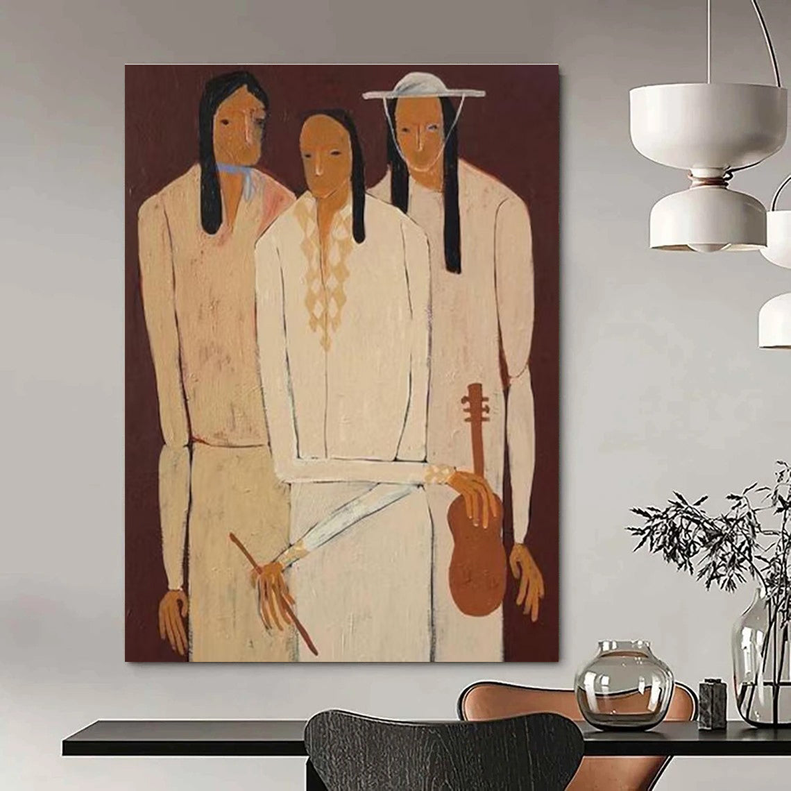 Three Figures in Light Tones on Dark Background Abstract Painting ADGE141