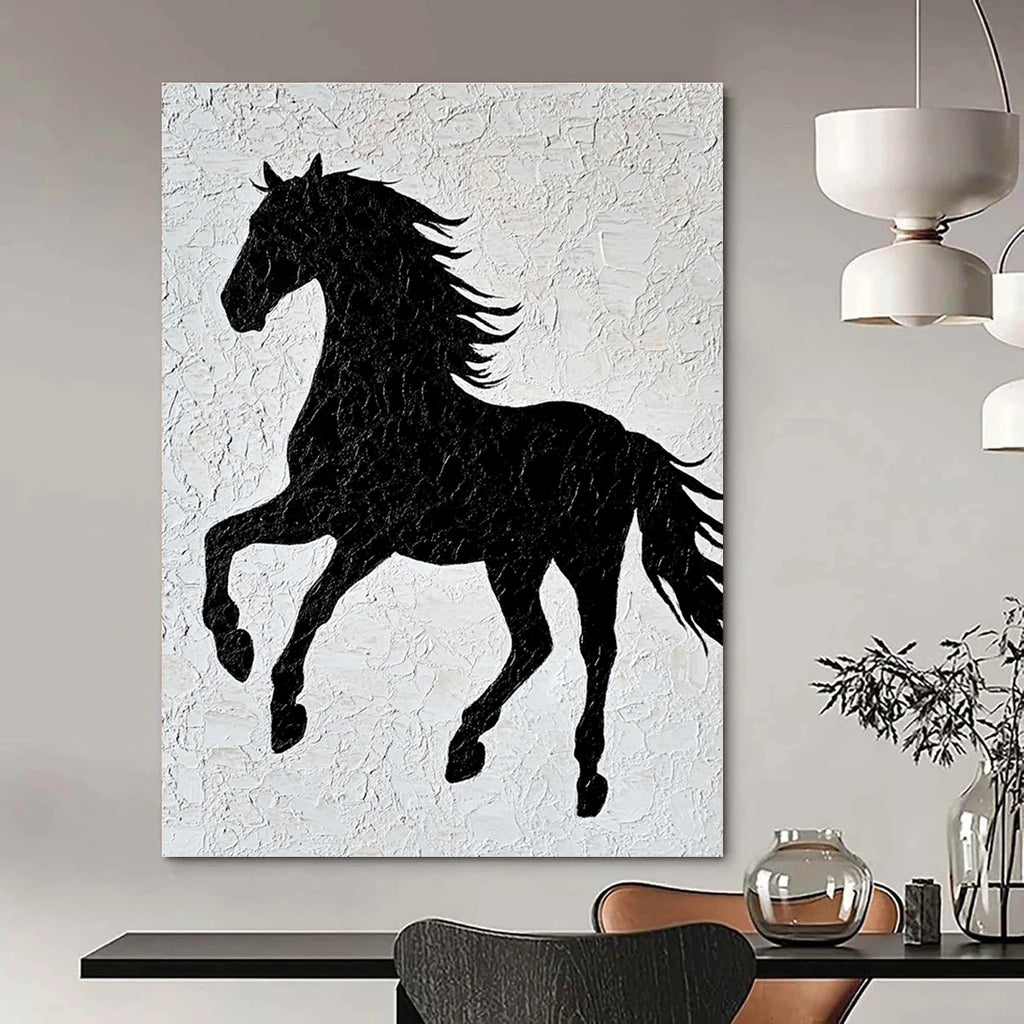 A large abstract artwork featuring a black horse silhouette on textured white paper with elegant lines and a minimalist design capturing graceful movement.STSC917