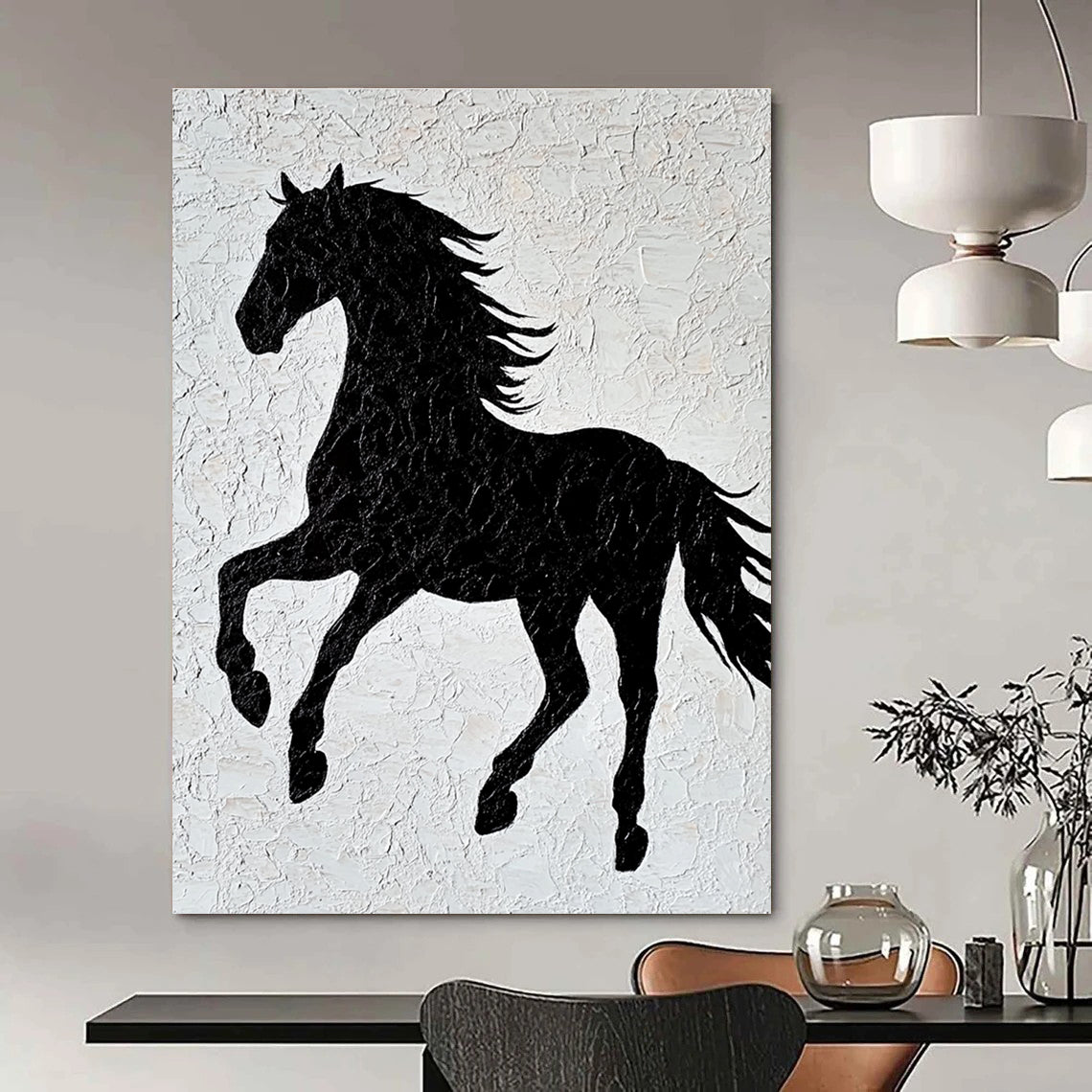A large abstract artwork featuring a black horse silhouette on textured white paper with elegant lines and a minimalist design capturing graceful movement.STSC917
