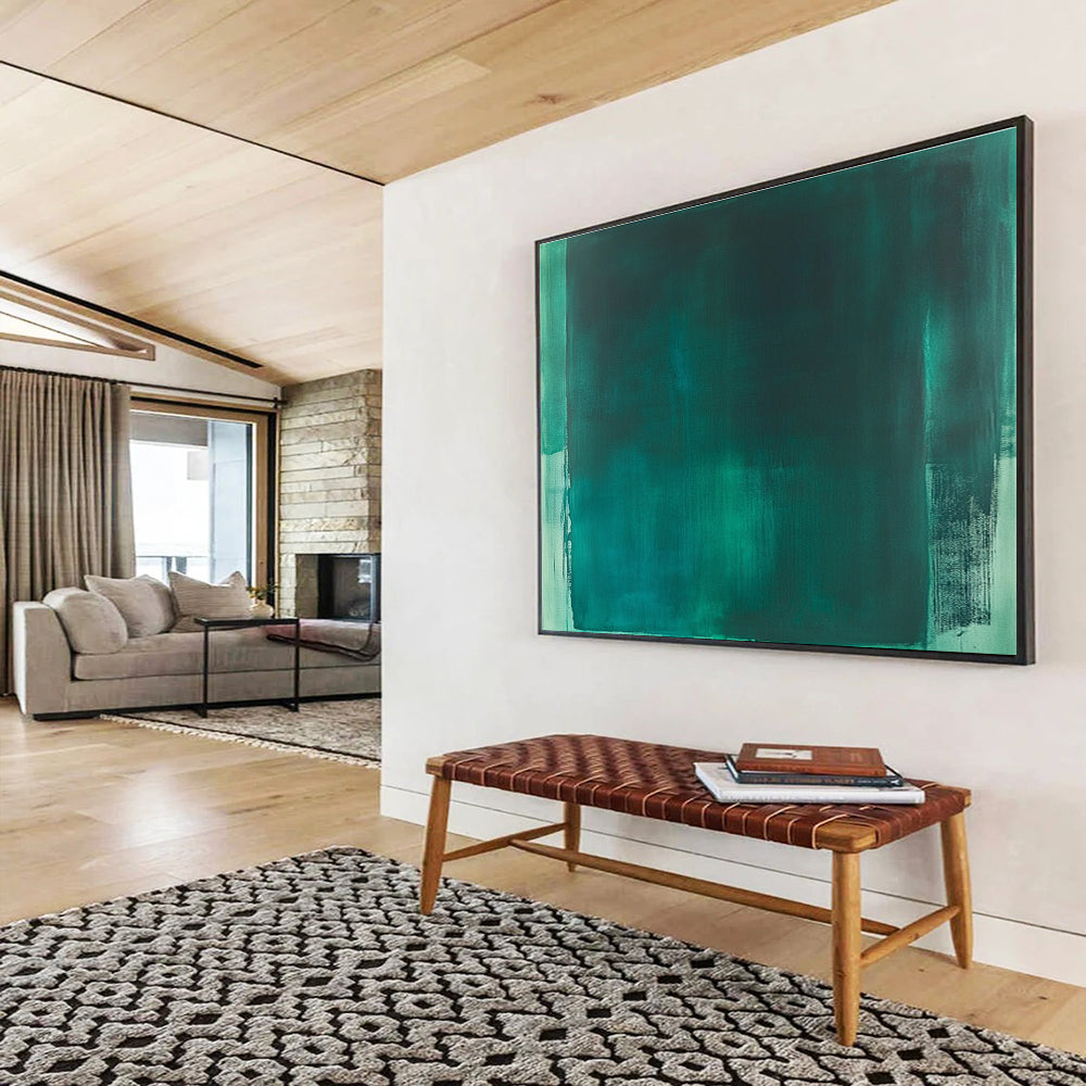 Large abstract painting featuring emerald green and teal, with loose brush strokes and a minimal monochromatic palette in the style of Mark Rothko.SC233