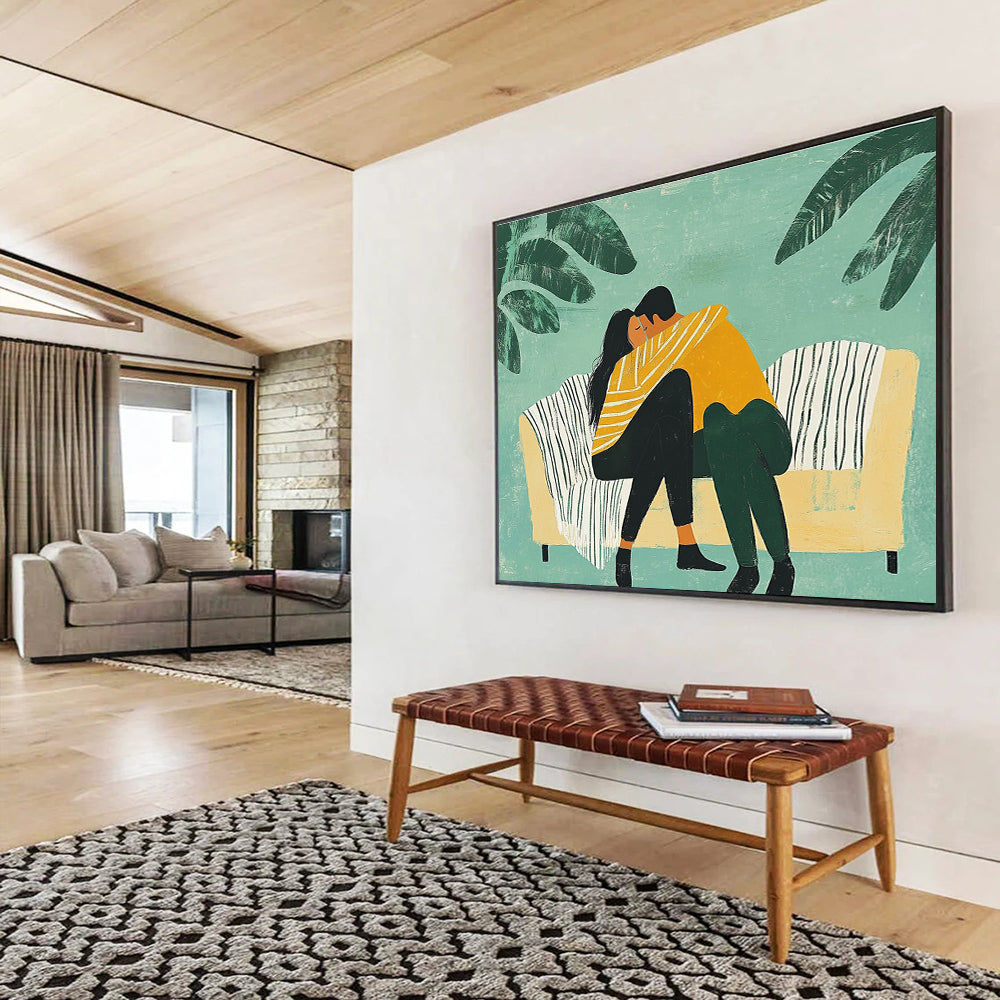 An abstract illustration of a couple embracing on a couch under a striped blanket surrounded by minimalistic plants in bold colors.SC400
