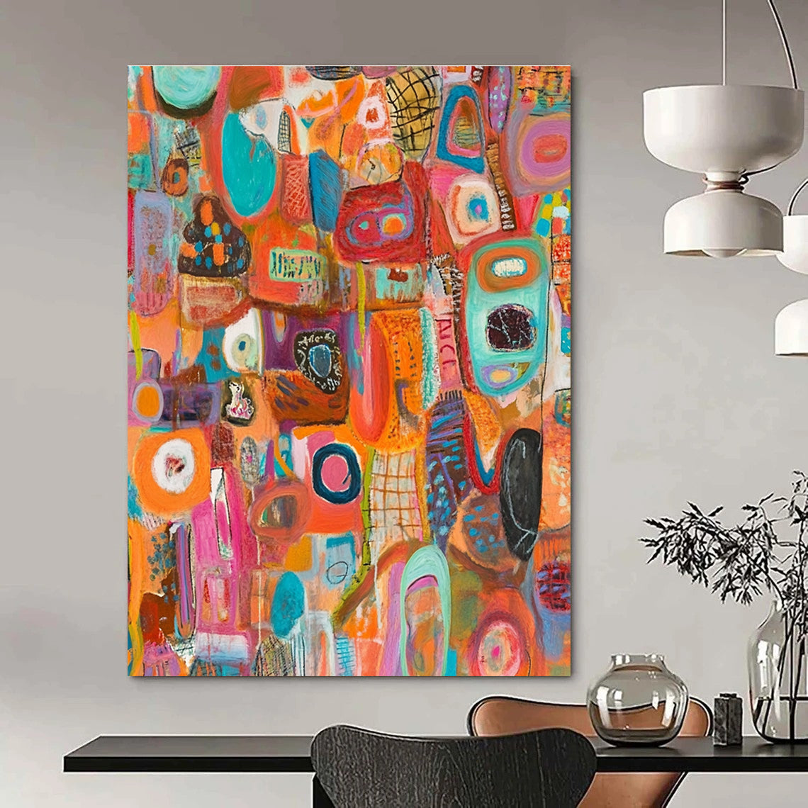 A large abstract painting bursting with vibrant colors and intricate layers, featuring diverse shapes, symbols, and musical notes in a chaotic yet harmonious composition.STSC1221
