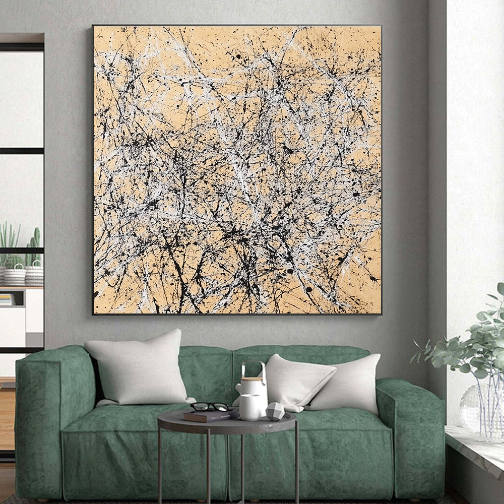 Black and White Splattered Abstract Painting on Beige Background GER002
