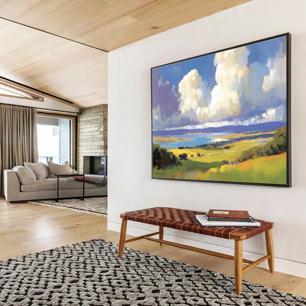 Scenic Landscape View Abstract Painting with Blue Green and Yellow Tones DYP581