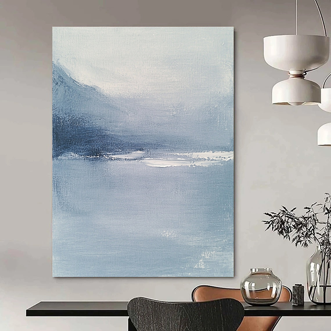 Abstract blue-gray sea artwork featuring a soft misty atmosphere inspired by Whistler's style designed to enhance any elegant space.STSC029