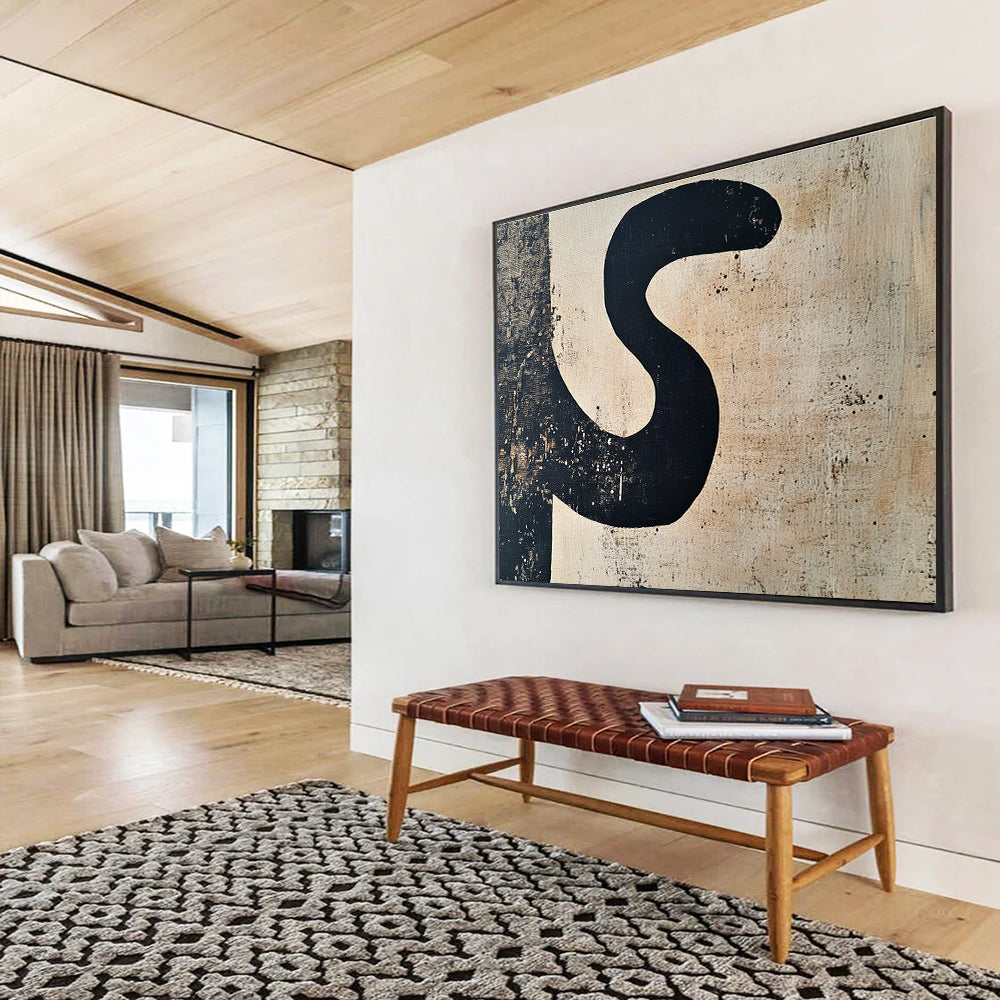 A large abstract painting featuring the letter S in black and beige, perfect for modern decor and minimalist aesthetics.SC501