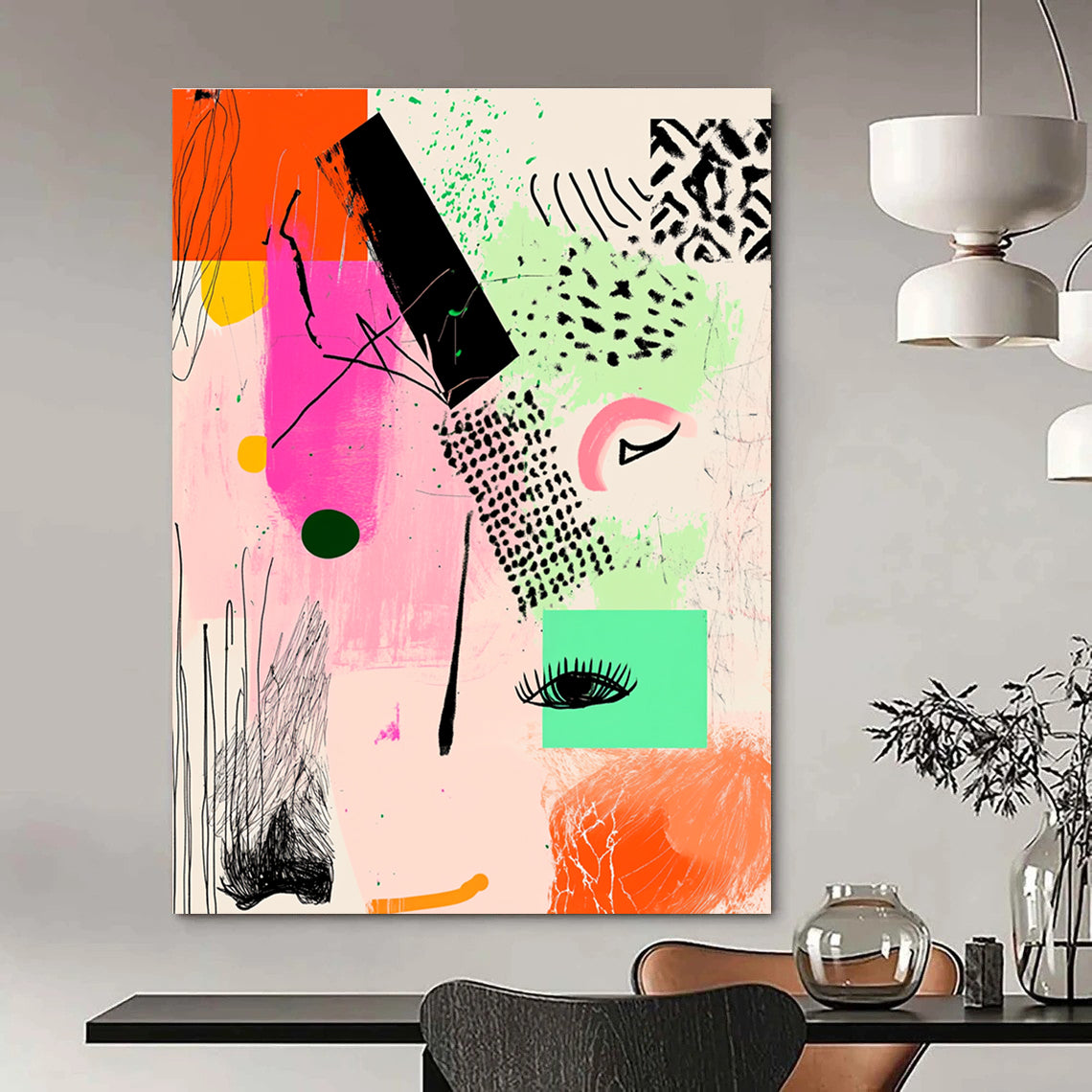 Large abstract artwork featuring pink and green shapes with geometric line art and black ink illustrations on a warm light orange background.STSC982