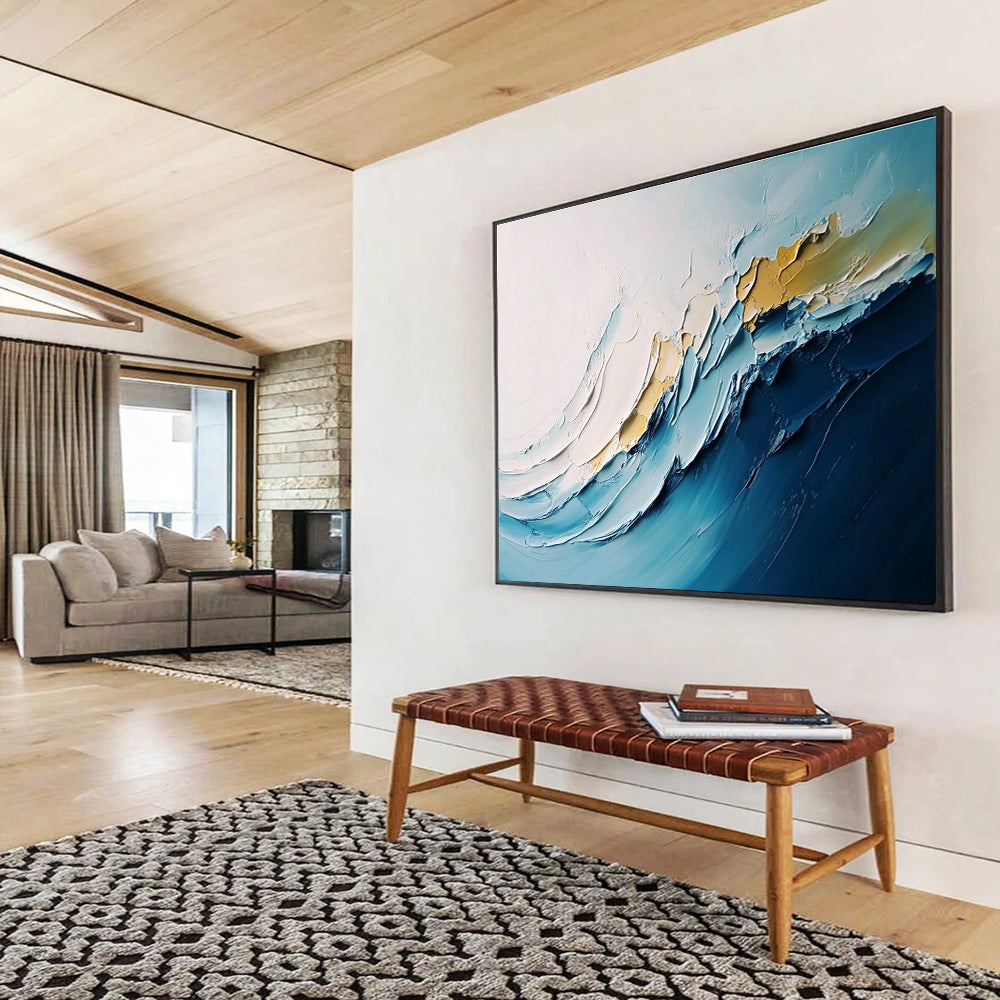 Large abstract waves painting with thick impasto layers in white and blue hues, perfect for modern decor.SC368