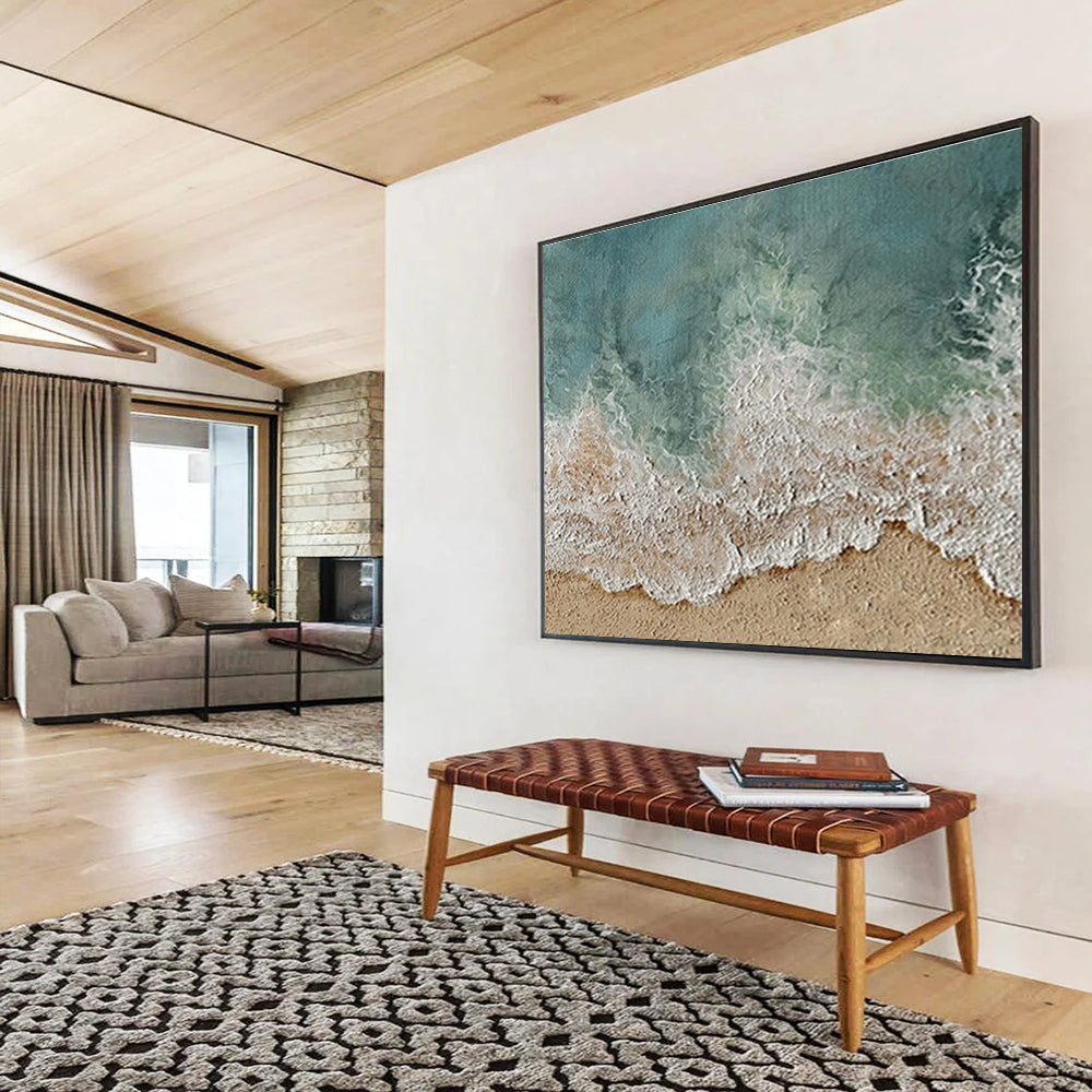 Aerial Beach View Abstract Painting with Turquoise and Sandy Tones THY254