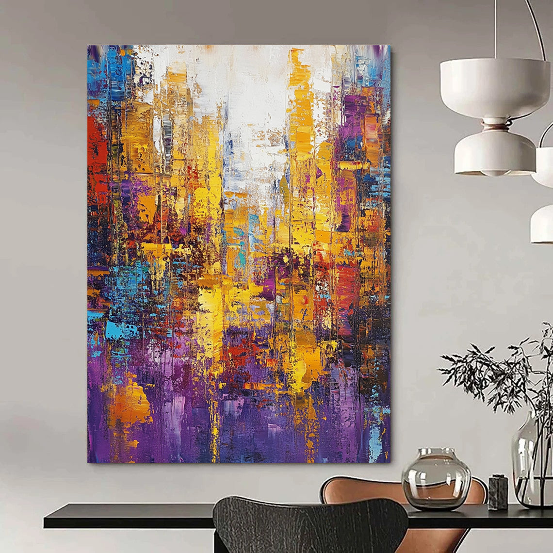 Large abstract oil painting featuring a cityscape in gold and purple tones with colorful patterns and textured brush strokes.STSC160