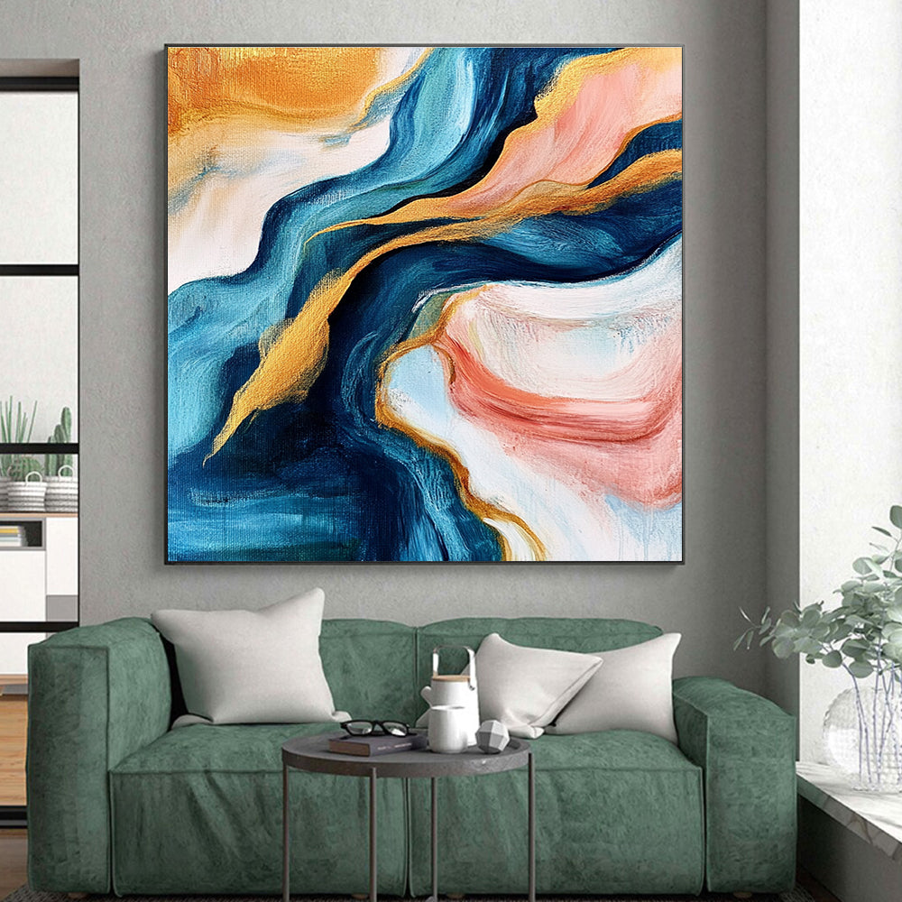 Blue and Gold Abstract Painting with Flowing Motions GER464