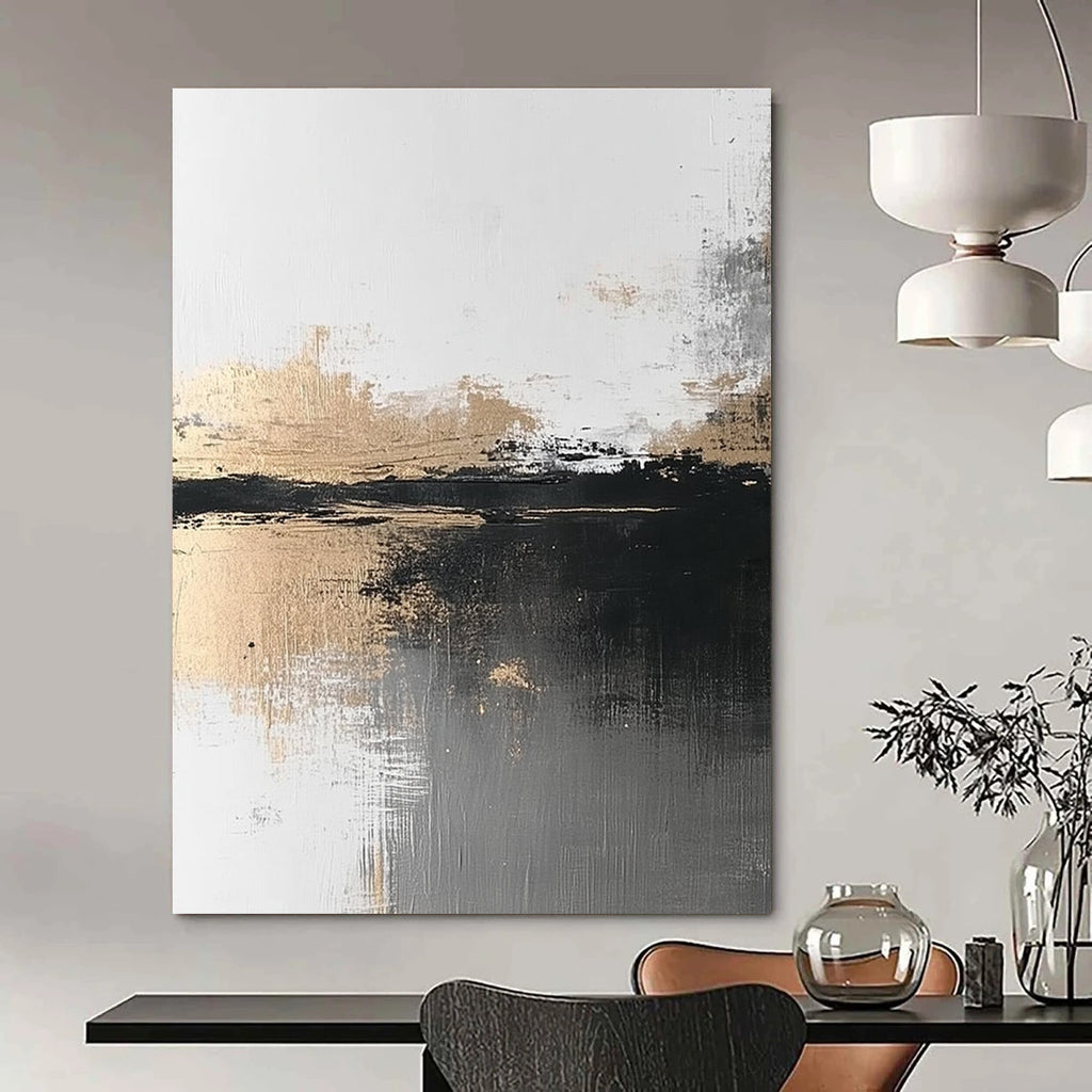 Abstract painting featuring atmospheric grey and gold tones with a minimalist landscape evoking calmness and serenity through brush strokes and textured water reflection.STSC387