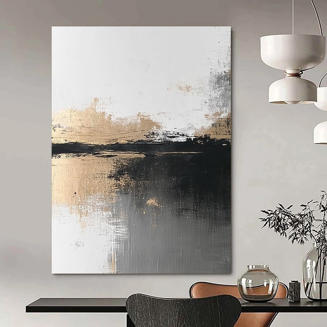 Abstract painting featuring atmospheric grey and gold tones with a minimalist landscape evoking calmness and serenity through brush strokes and textured water reflection.STSC387