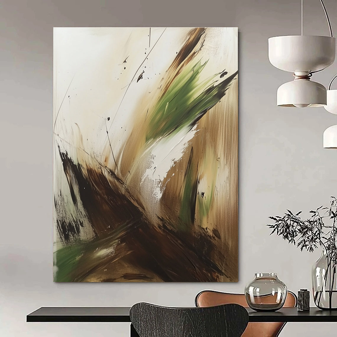 Large abstract painting in earthy brown green and white tones featuring thick brush strokes and splashes inspired by Marjane Satrapi.STSC752