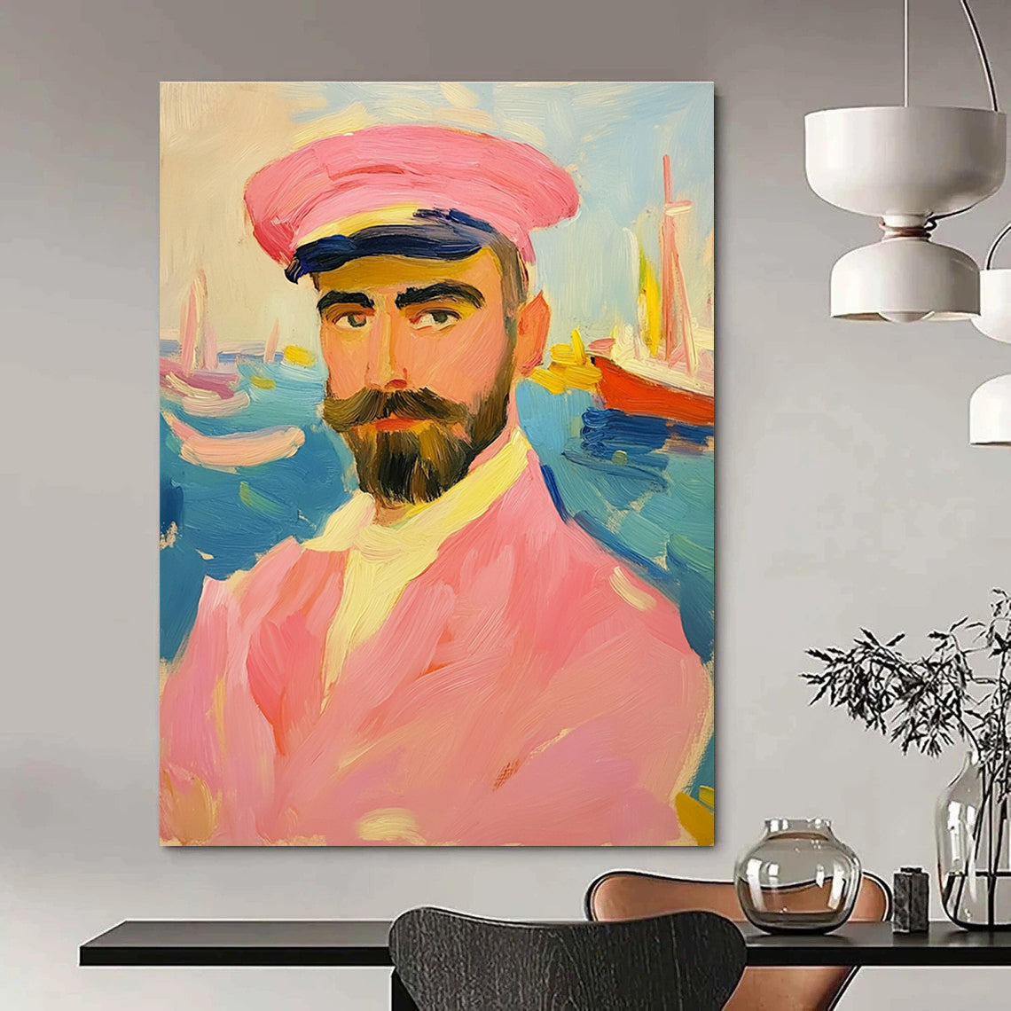 Abstract painting of an artistic man in a pink sailor suit with a mustache and beard against a vibrant sea backdrop featuring boats.STSC1161