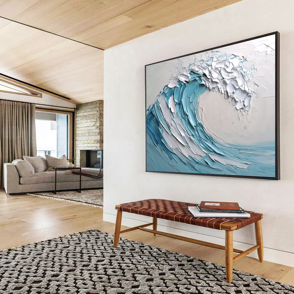Large abstract painting of a wave featuring light blue and white colors with thick impasto texture. Perfect for modern decor.SC002