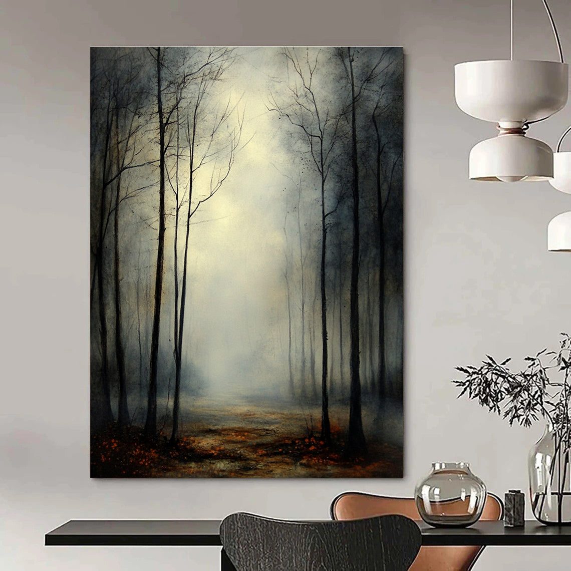 Abstract painting of a misty forest at twilight with eerie silhouettes of leafless trees under an overcast sky evoking dread and contemplation.STSC1099
