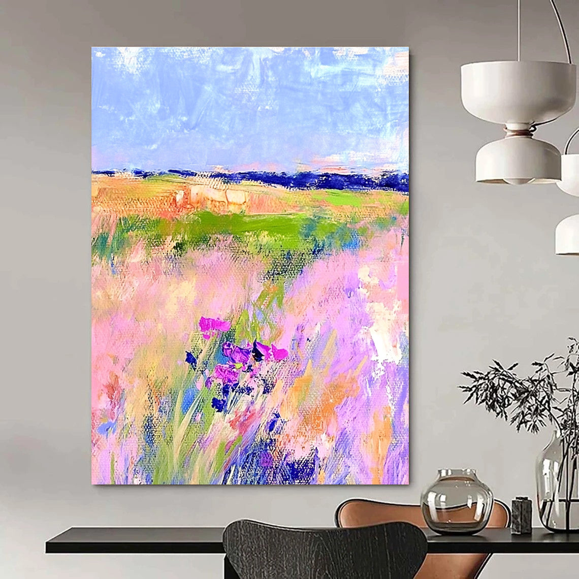 Large abstract painting in Matisse style with pastel hues vibrant colors and broad brushstrokes capturing the essence of springtime nature.STSC1018