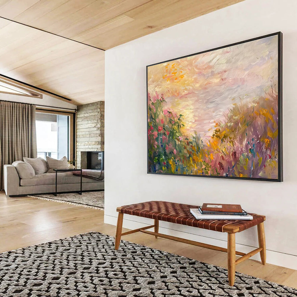 Flower Field Sunset Abstract Painting with Pink, Yellow, and Purple Hues THY195