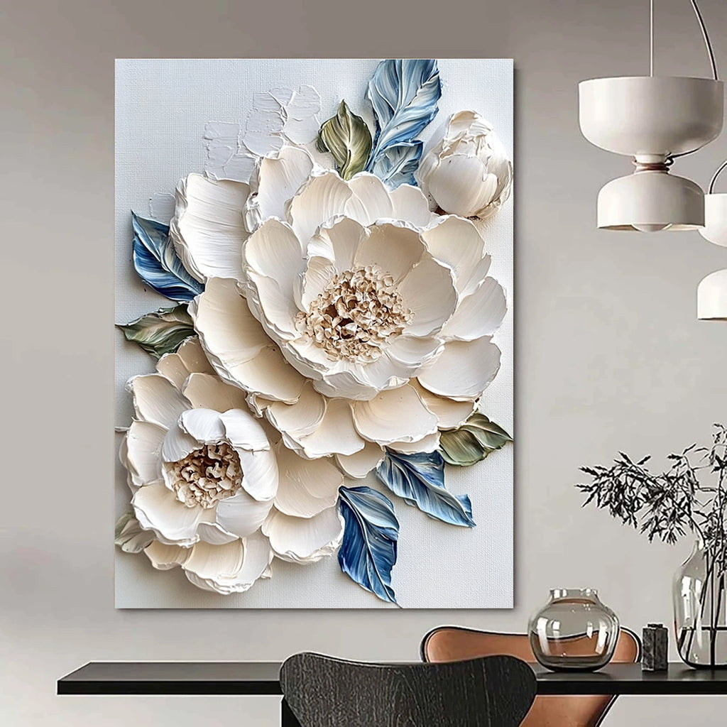Large abstract painting of white peonies with impasto textures surrounded by blue and green leaves on a white background.STSC366