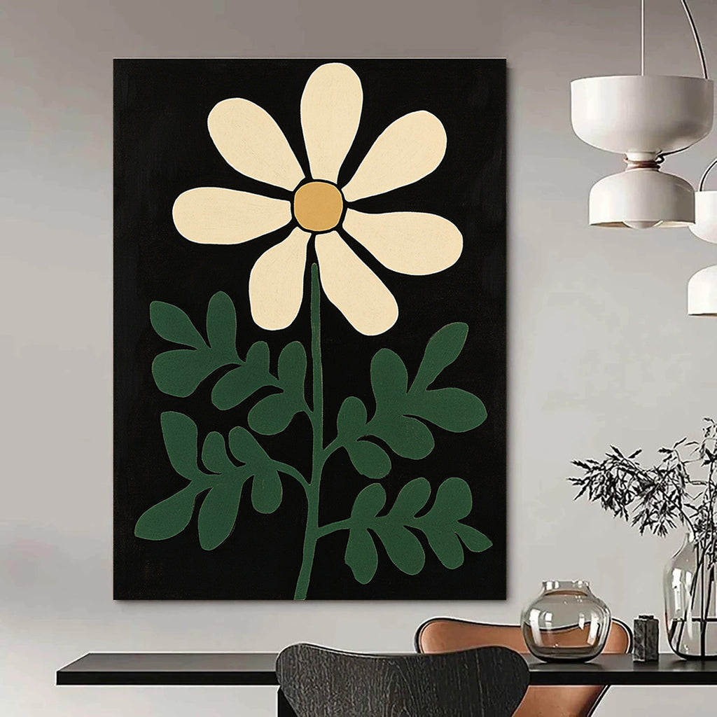 Large abstract painting featuring green fern and white flower on a black background inspired by the styles of Henri Matisse and Bob Staake.STSC1300