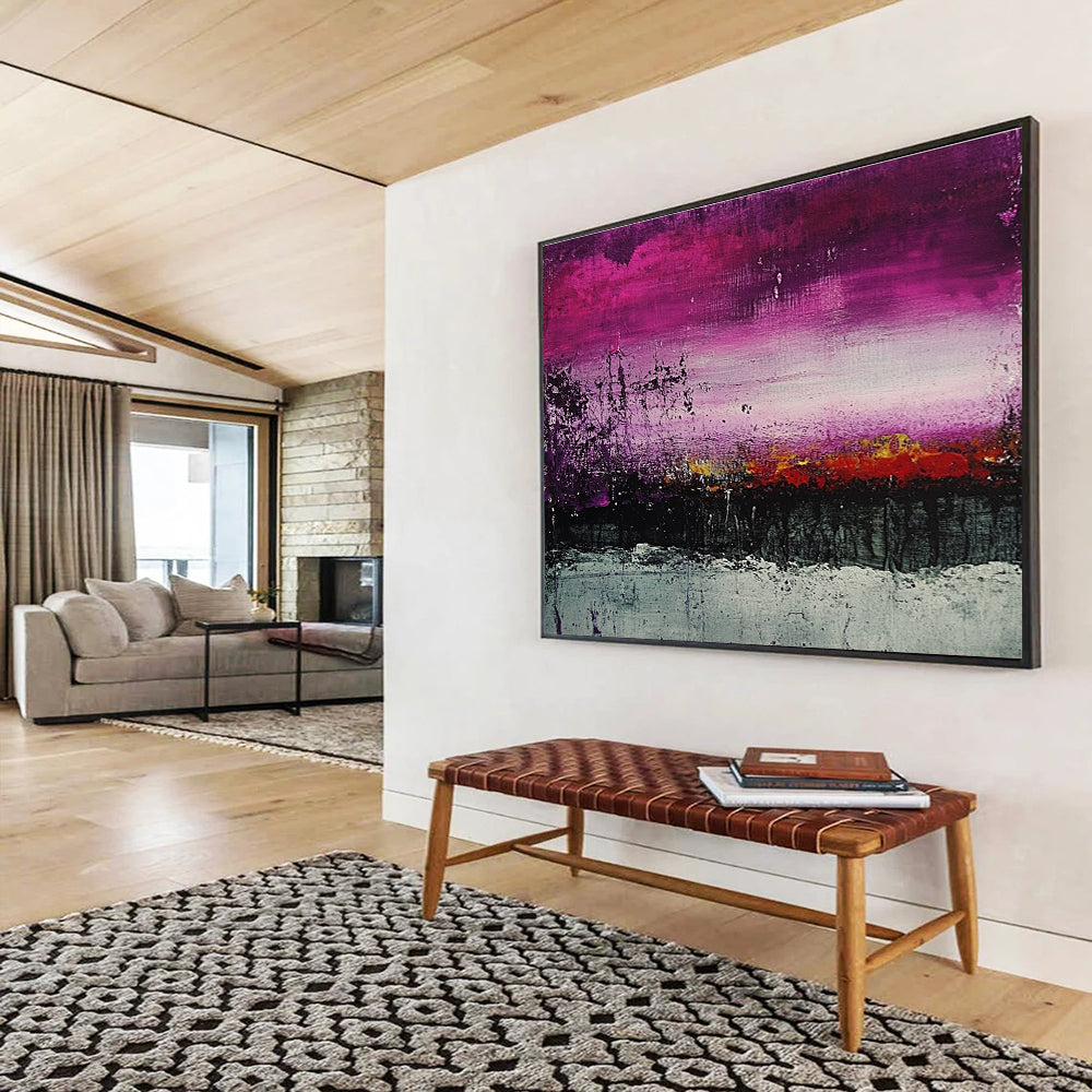 A large abstract painting of a landscape featuring purple and grey shades with textured dark green and red tones for a striking visual impact.SC341